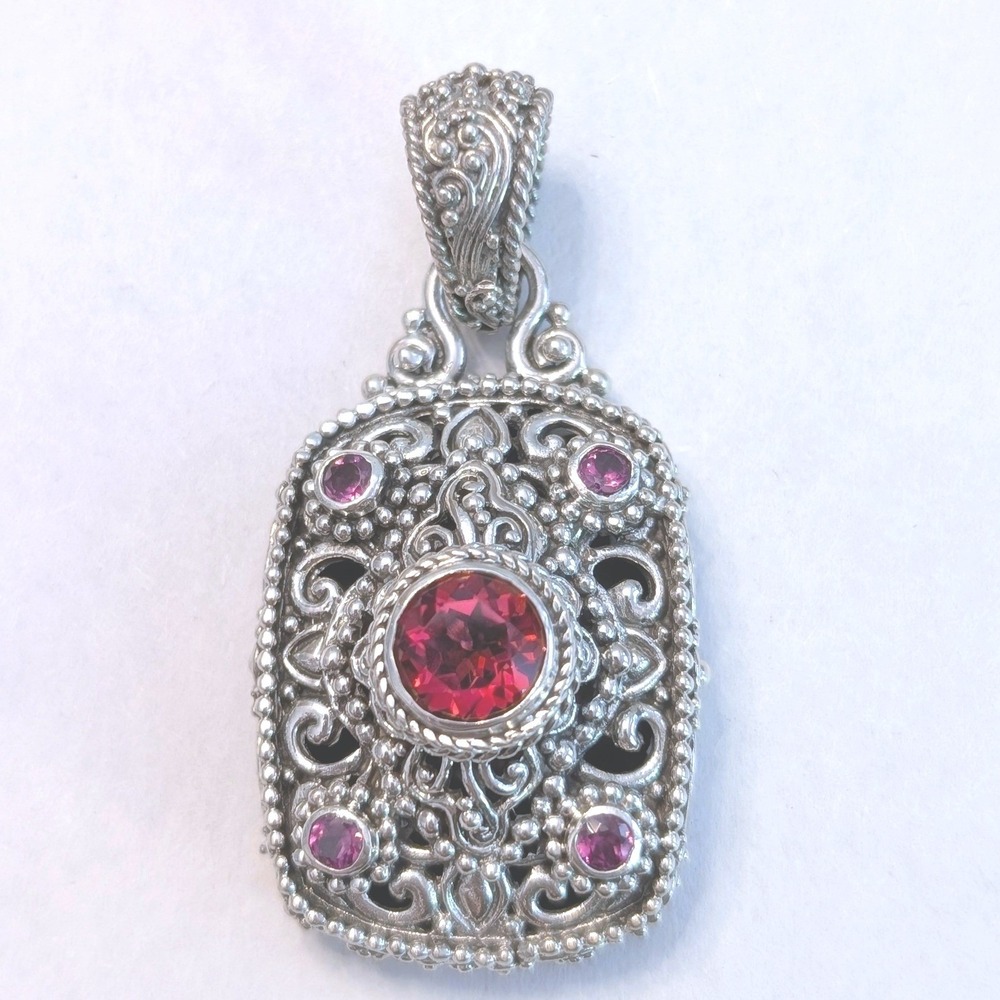 Sarda Sterling Silver Red Garnet‎ Pink Tourmaline Filigree Rectangle Pendant